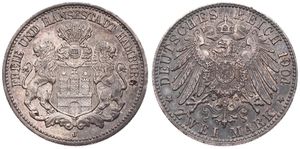 German States, Hamburg, Free City, 2 Mark Silver 1904J, Helmeted arms with lion supporters, KM 294, XF