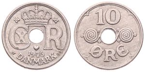 Denmark, Kingdom, Christian X, 10 Ore Copper-Nickel 1946, Crowned Monogram around center hole, KM 822.2, XF