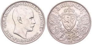Norway, Kingdom, Haakon VII, 2 Kroner Silver 1917, Head right / Crowned shield, KM 370, VF