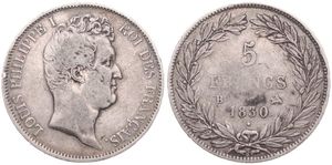 France, Second Kingdom, Louis Philippe I, 5 Francs Silver 1830B, Head right, KM 735.2 (Rouen), Incused lettering, A.VF