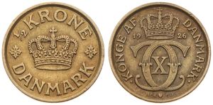 Denmark, Kingdom, Christian X, 1/2 Krone Aluminum-Bronze 1926, Crowned Monogram, KM 831.1, VF