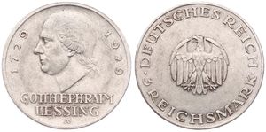 Germany, Weimar Republic, 3 Reichsmark Silver 1929A, 200th Anniversary of the Birth of Gotthold Lessing, KM 60, VF