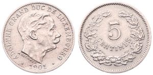 Luxembourg, Grand Duchy, Adolphe, 5 Centimes Copper-Nickel 1901, Head right, KM 24, A.UNC