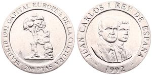 Spain, Kingdom, Juan Carlos I, 200 Pesetas Copper-Nickel 1992, Madrid, European Culture Capital - Upright bear, KM 910, UNC