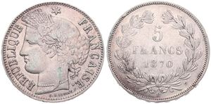 France, Republic, 5 Francs Silver 1870K M/star, Laureate head left, KM 818.2 (Bordeaux), A.XF (VARIETY : M UPSIDE DOWN)