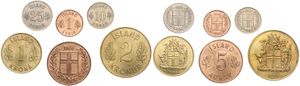 Iceland, Republic, 1, 5, 10, 25 Aurar & 1, 2 Kronur 1965-1966, Various designs, KM 8/13, UNC