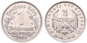 Germany, Third Reich, 1 Reichsmark Nickel 1934G, Eagle with wings spread, KM 78, XF