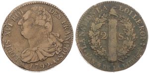 France, First Republic, 2 Sols Bronze 1792A, Bust of Louis XVI left, KM 603.1 Paris, Fine