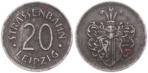 Germany, Emergency Coinage, Leipzig Strassenbahn, 20 Pfennig Iron ND, Helmeted City Arms / Legend surrounding denomination, XF