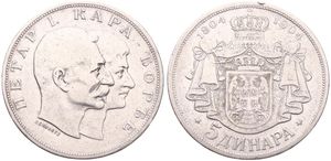 Serbia, Kingdom, Peter I, 5 Dinara Silver 1904, 100th Anniversary of the Karageorgevich Dynasty, KM 27, A.VF (small edgenick)
