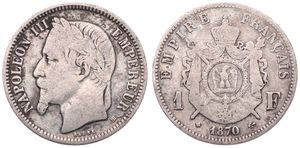 France, Second Empire, Napoleon III, 1 Franc Silver 1870BB, Laureate head left, KM 806.2 (Strasbourg), A.VF