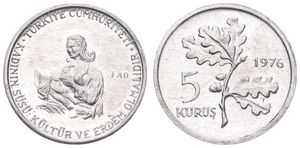 Turkey, Republic, 5 Kurus Aluminum 1976, F.A.O. - Mother breastfeeding infant, KM 907, UNC 
