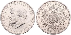 German States, Bavaria, Ludwig III, 5 Mark Silver 1914D, Bearded head left, KM 1007, XF 