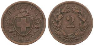 Switzerland, Confederation, 2 Rappen Bronze 1866, Cross in shield within sprigs, KM 4.1, VF