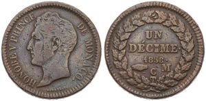 Monaco, Principality, Honore V, 1 Decime Copper 1838M C, Head left, KM 97.1, (small rim), A.VF