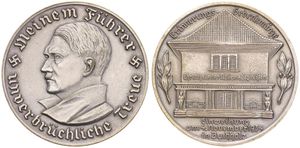Germany, Third Reich, Medal in Silver Plated Bronze 1934, Inauguration of the Hall of Honor in Buccholz, The Hall flanked by sprigs / Bust of Adolf Hitler left, A.UNC