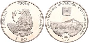 Finland, Republic, 5 Ecu Copper-Nickel 1994, Lapplander with Reindeer, KM X18, UNC
