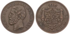 Romania, Kingdom, Carol I, 5 Bani Copper 1882B, Bearded head left, KM 19, XF
