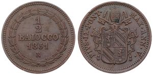 Italian States, Papal States, Pius IX, 1/2 Baiocco Copper 1851-VR, Papal arms, KM 1355, XF