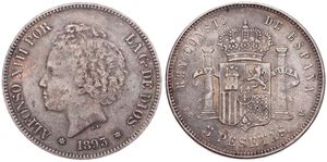 Spain, Kingdom, Alfonso XIII, 5 Pesetas Silver 1893 (93) PG-V, Young head left, KM 700, RARE KEY DATE, VF