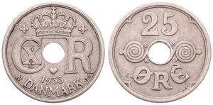 Denmark, Kingdom, Christian X, 25 Ore Copper-Nickel 1933, Crowned Monogram around center hole, KM 823.2, VF