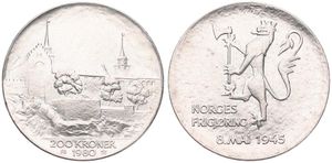 Norway, Kingdom, Olav V, 200 Kroner Silver 1980, 35th Anniversary of Liberation - Akershus Castle, KM 425, UNC 