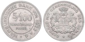 Germany, Emergency Coinage, Hamburg, 5/100 Verrechnungsmarke Aluminum 1923, City arms with lion supporters / Legend surrounding denomination within circle, XF