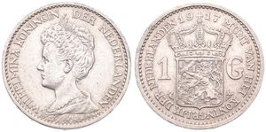 Netherlands, Kingdom, Wilhelmina I, 1 Gulden Silver 1917, Crowned bust left, KM 148, A.XF