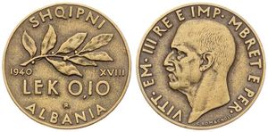 Albania, Italian Occupation WWII, Vittorio Emanuele III, 0,10 Lek Aluminum-Bronze 1940R, Head left, KM 28, VF