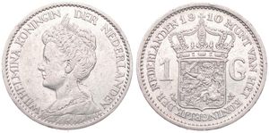 Netherlands, Kingdom, Wilhelmina I, 1 Gulden Silver 1910, Crowned bust left, KM 148, RARE KEY DATE, VF