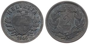 Switzerland, Confederation, 2 Rappen Zinc 1946, Cross in shield within sprigs, KM 4.2a, KEY DATE, VF+