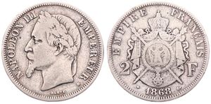 France, Second Empire, Napoleon III, 2 Francs Silver 1868BB, Laureate head left, KM 807.2 (Strasbourg), VF