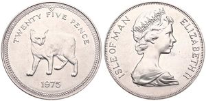 Isle of Man, British Dependency, Elizabeth II, 25 Pence Copper-Nickel 1975, Manx Cat, KM 31, UNC