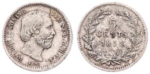 Netherlands, Kingdom, William III, 5 Cents Silver 1855, Bearded head right, KM 91, VF