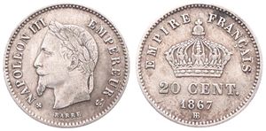 France, Second Empire, Napoleon III, 20 Centimes Silver 1867BB, Laureate head left, KM 808.2 (Strasbourg), A.XF