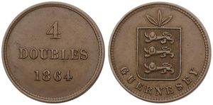 Guernsey, British Dependency, Victoria, 4 Doubles Bronze 1864, Leaves above shield, KM 6, VF