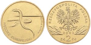 Poland, Republic, 2 Zlote Brass 2003, Two European eels, KM 445, UNC