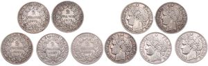 France, Republic, 5 x 2 Francs Silver 1871, 1872, 1881, 1887 & 1895, Laureate head left, KM 817.1 (Paris), all VF