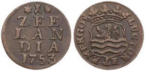 Netherlands, Zeeland Province, 1 Duit Copper 1753, Crowned arms of Zeeland, KM 81, VF+