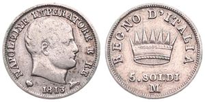 Italian States, Kingdom of Napoleon, Napoleon I, 5 Soldi Silver 1813M, Head right, KM 5.1 (Milan), VF