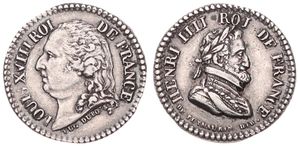 France, Second Kingdom, Louis XVIII, Medal in Silver ND (ca 1820) by Dubois & Puymaurin, Bust of Louis XVIII left / Bust of Henri IIII right, XF