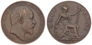 Great Britain, Kingdom, Edward VII, 1/2 Penny Bronze 1904, Head right, KM 793.2, KEY DATE, XF