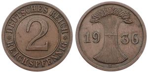 Germany, Weimar Republic, 2 Reichspfennig Bronze 1936E, Large denomination within circle, KM 38, KEY DATE, A.XF