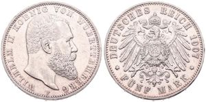 German States, Wurttemberg, Wilhelm II, 5 Mark Silver 1907F, Bearded head right, KM 632, VF
