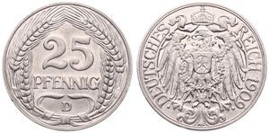 Germany, Empire, Wilhelm II, 25 Pfennig Nickel 1909D, Crowned imperial eagle with shield on breast, KM 18, A.UNC
