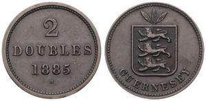 Guernsey, British Dependency, Victoria, 2 Doubles Bronze 1885H, Leaves above shield, KM 9, VF