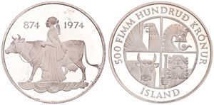 Iceland, Republic, 500 Kronur Silver ND (1974), 1100th Anniversary of 1st Settlement - Female and cow, KM 20, PROOF