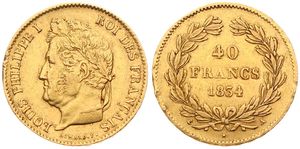 France, Second Kingdom, Louis Philippe I, 40 Francs Gold 1834A, Laureate head left / Value and date within wreath, KM 747.1 Paris, VF (some edgenicks) (*)