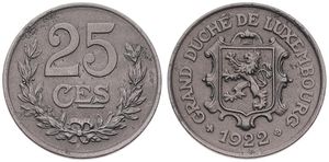 Luxembourg, Grand Duchy, Charlotte, 25 Centimes Iron 1922, National arms above date, KM 32, KEY DATE, A.UNC