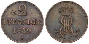 German States, Hannover, Ernst August, 2 Pfennig Copper 1849B, Crowned Monogram, KM 202.1, A.XF